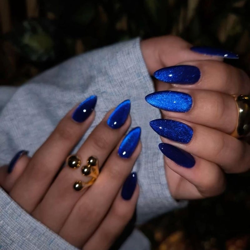 Royal Blue Glitter Press on Nails Medium Almond Shape, Iridescent Shimmer Acrylic Fake Nails with Salon UV Finish,Sparkling Gel Nails Press ons,Glossy Flash Glue on Nails for Manicure in24PCS